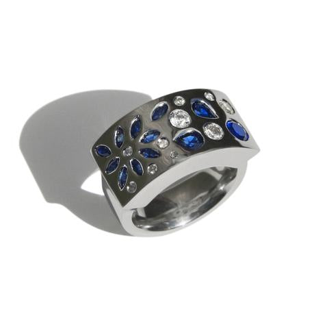 Silver dress ring with blue and white sapphires